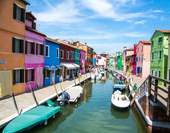 View of boats moored in canal