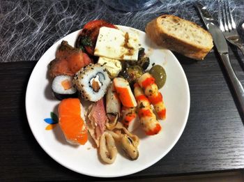 High angle view of food in plate on table