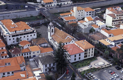 High angle view of buildings in city