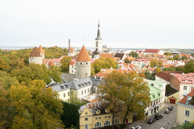 High angle view of townscape against sky in city