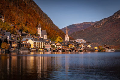 Lake with buildings in background