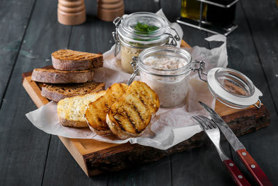 High angle view of breakfast on table