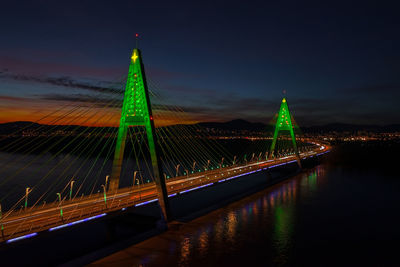 Aerial view about the illuminated megyeri bridge in a rare christmas decorations.