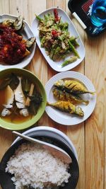 High angle view of meal served on table