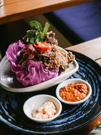 High angle view of meal served on table