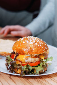 Burgers with beef and vegetables. delicious burgers in a cooking class. burger with onion sauce.