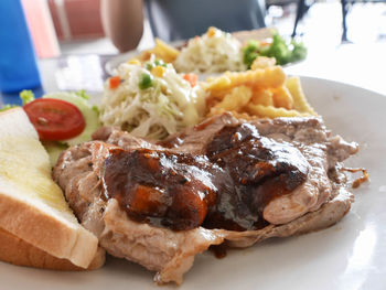 Close-up of food served on table