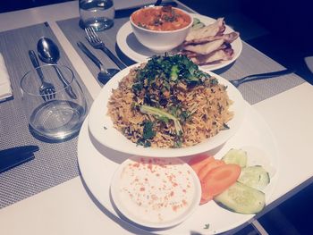 High angle view of meal served on table