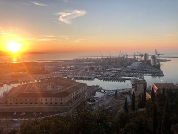 High angle view of city buildings during sunset