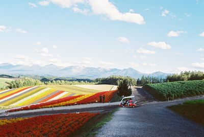 Scenic view of road by mountains against sky