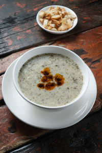 High angle view of soup in bowl on table
