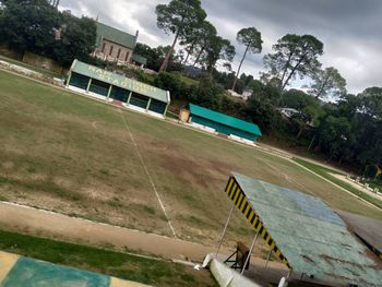 High angle view of gazebo in park against sky