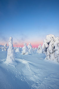 Snow covered landscape against blue sky