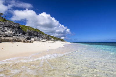 Scenic view of beach against blue sky