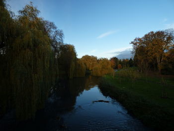 Scenic view of lake by trees against sky