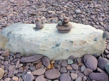 High angle view of pebbles on riverbank