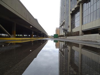 Reflection of buildings in puddle on street