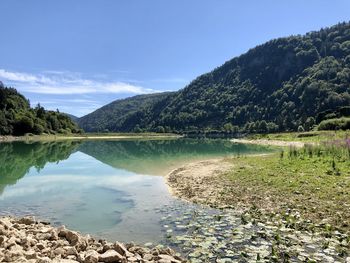 Scenic view of lake and mountains against sky
