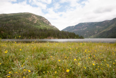 Scenic view of lake and mountains against cloudy sky