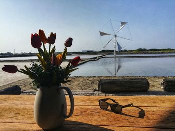 Close-up of flower vase on table against sky