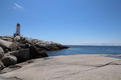 Lighthouse by sea against blue sky