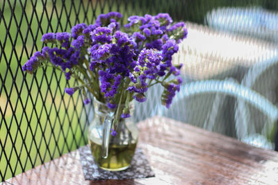 Purple flowers in vase on table