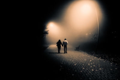 Rear view of people holding hands while walking on street at night