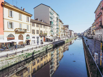 Reflection of buildings in canal against clear sky