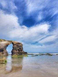 Rock formation on beach against sky