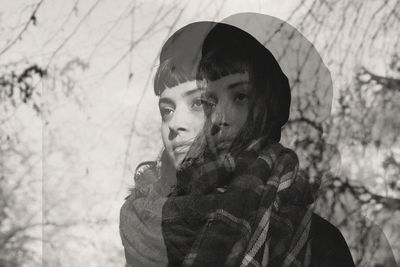 Double exposure of woman looking away