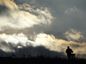 Rear view of silhouette man on field against sky