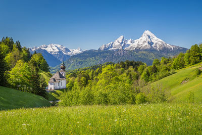 Scenic view of field and mountains against sky