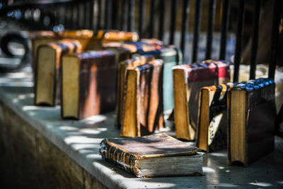 Close-up of old objects on table