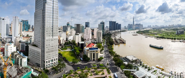 High angle view of buildings against sky in city