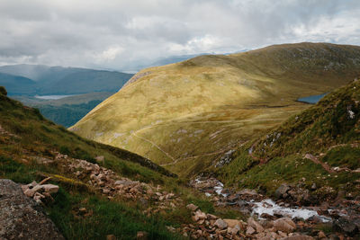 Scenic view of mountains against cloudy sky