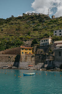 Scenic view of river by buildings against sky