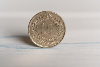 Close-up of coins on table