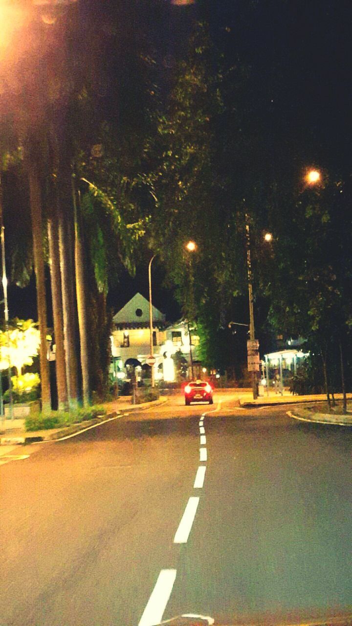 tree, transportation, road, night, no people, car, illuminated, outdoors, land vehicle, sky, nature