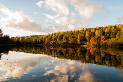 Scenic view of lake by trees against sky