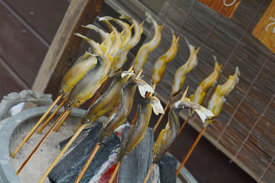 High angle view of food on metal