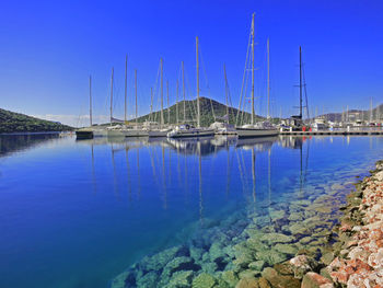 Sailboats moored at harbor against clear blue sky