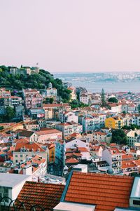 High angle view of townscape against clear sky