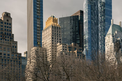 Low angle view of buildings in city against sky and above park