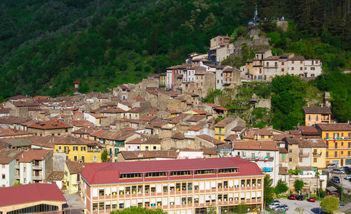 High angle view of houses in town