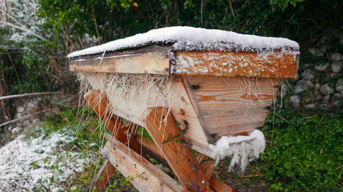 Wooden hive for the production of honey covered by the snow of winter