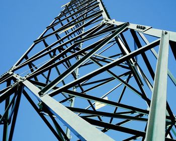 Low angle view of metallic structure against blue sky