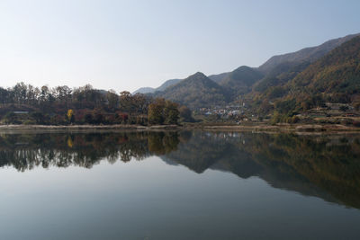 Scenic view of lake by forest against clear sky