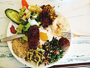 Directly above shot of lunch served on table