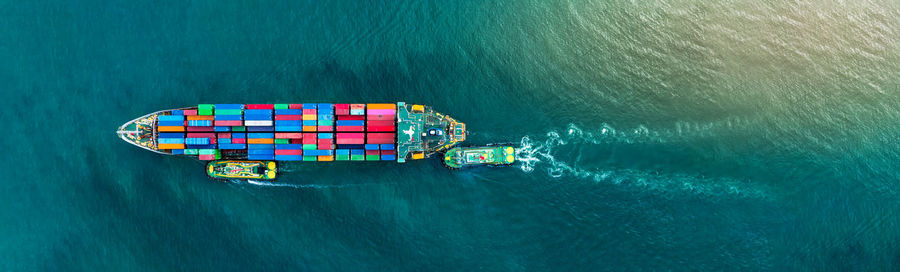 High angle view of boats in sea