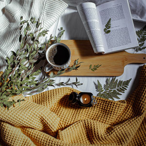 High angle view of coffee on table